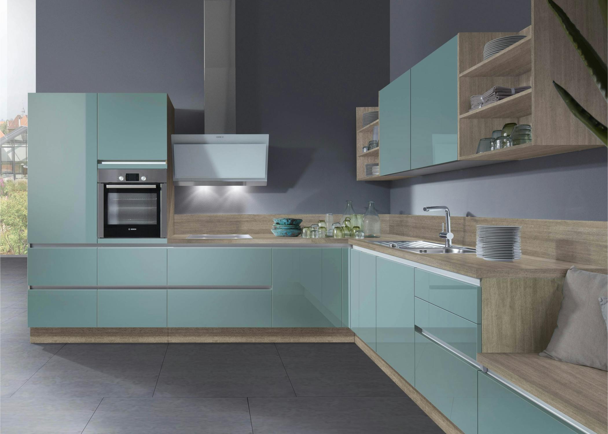 kitchen image modern design with lights and elegant design pvc wood and cyan color with oven and microwave with a lot of space
