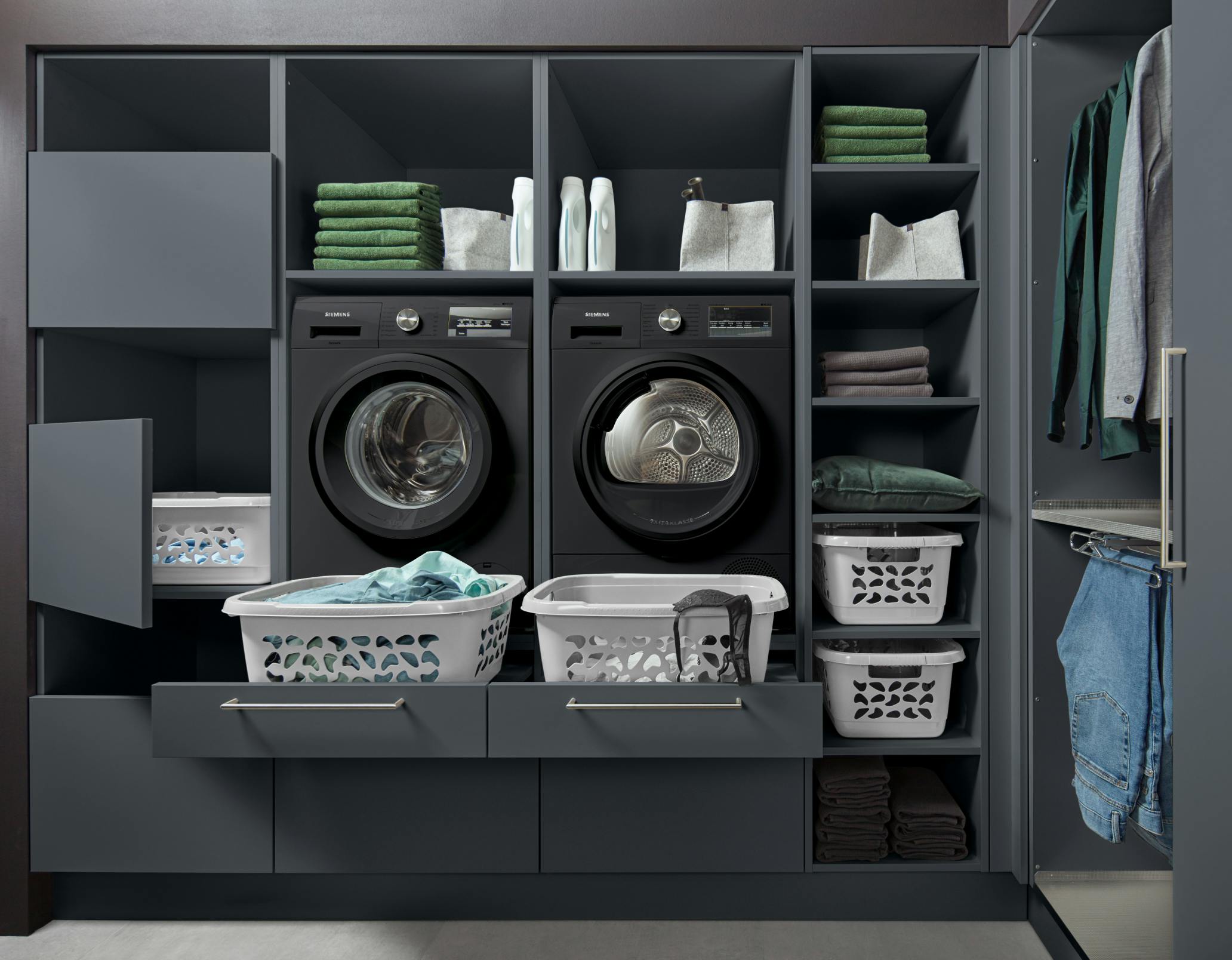 laundry room design with wood style and white color with a lot of space to put your clothes and other stuffs in it