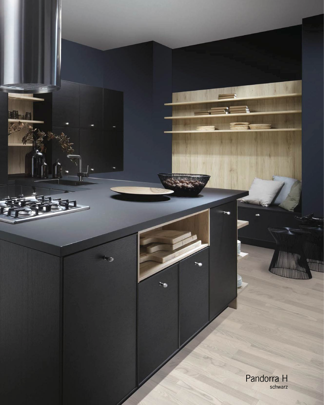 unique kitchen design with wood style and space grey color with big island in the middle